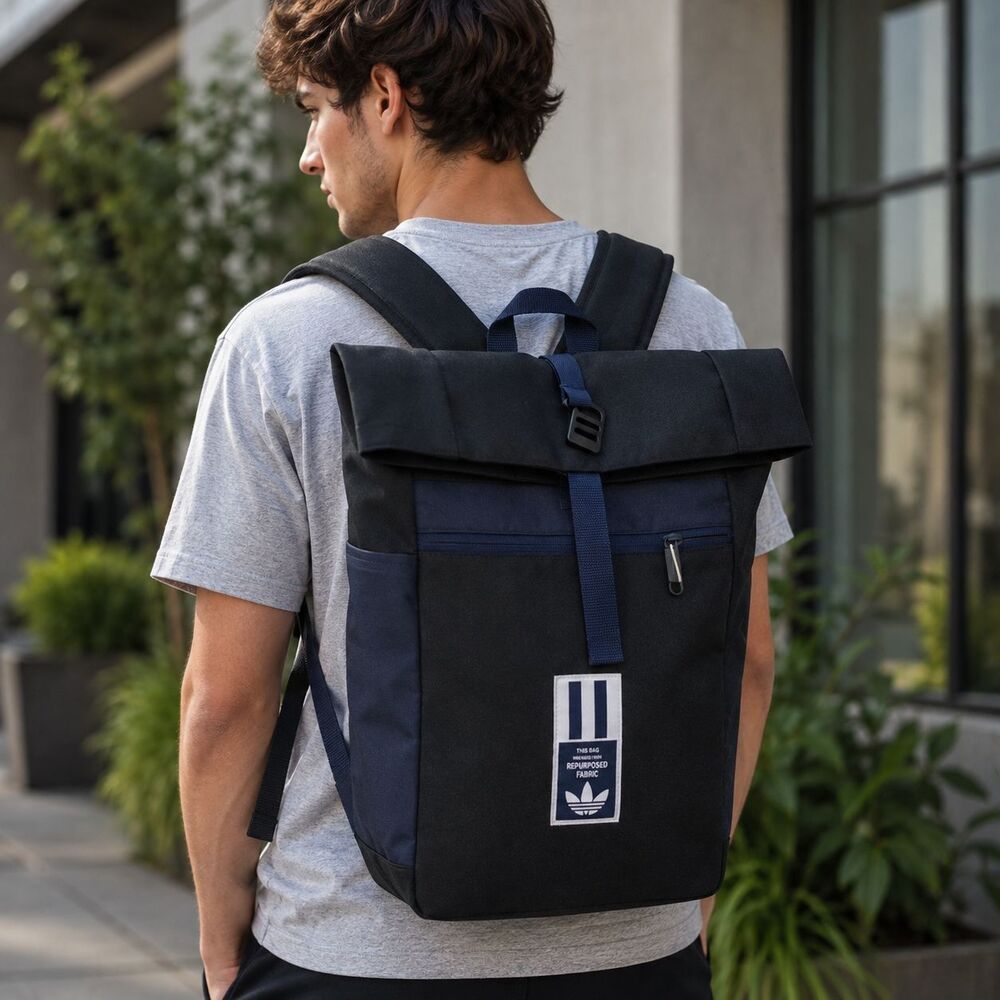 Adidas Backpack Mens Blue Reprocess Fabric Roll Top Padded Casual Bag Sports